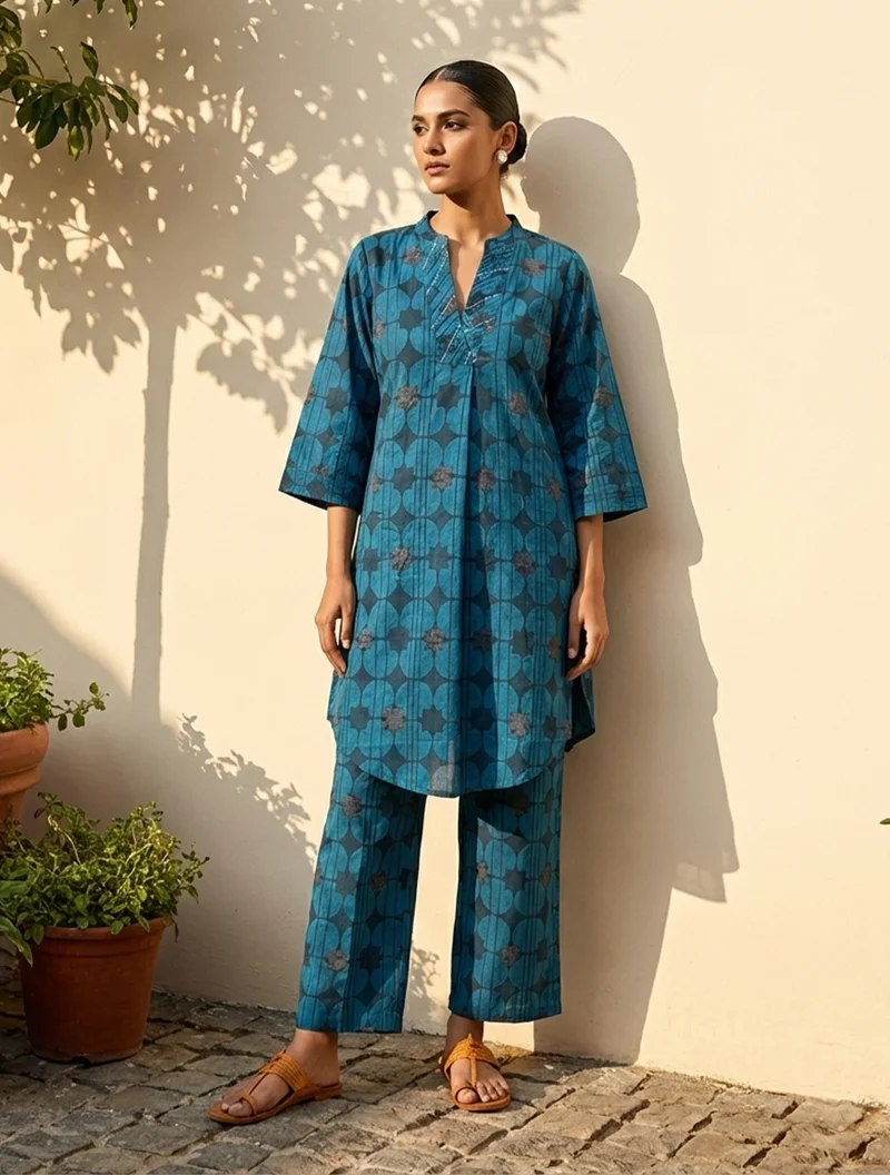 ترو برونز trueBrowns Blue Geometric Print Kurta Pant Set